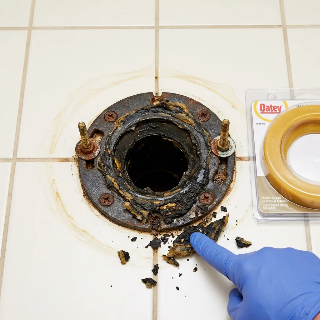 Failed wax ring showing water seepage at the base of a toilet in a Newton, TX home